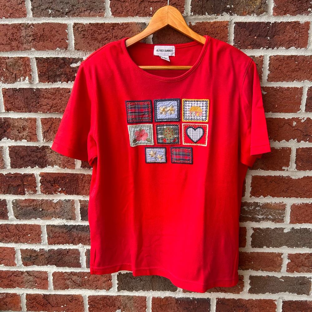 Alfred Dunner Red Embroidered Americana Patchwork T-Shirt Size M